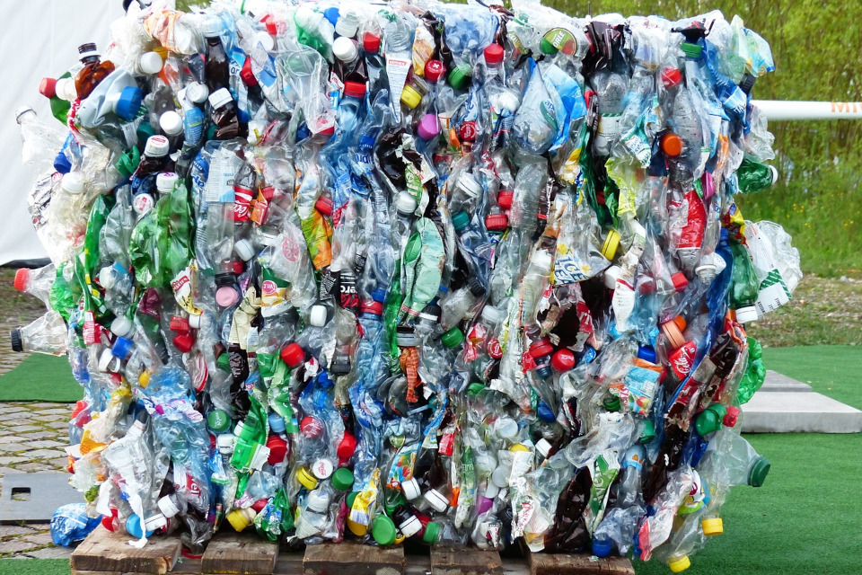 Plastic bottles compacted into a cube for recycling